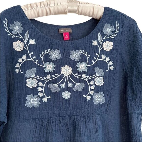 Vince Camuto Boho Blue + White Embroidered Short Sleeve Top Cotton Gauze Medium - Picture 3 of 6